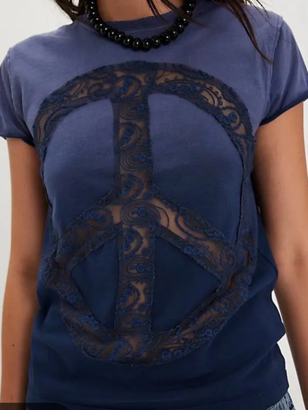 NWT Tricia Fix x Free People Navy Lace Peace Sign Graphic Tee size XL